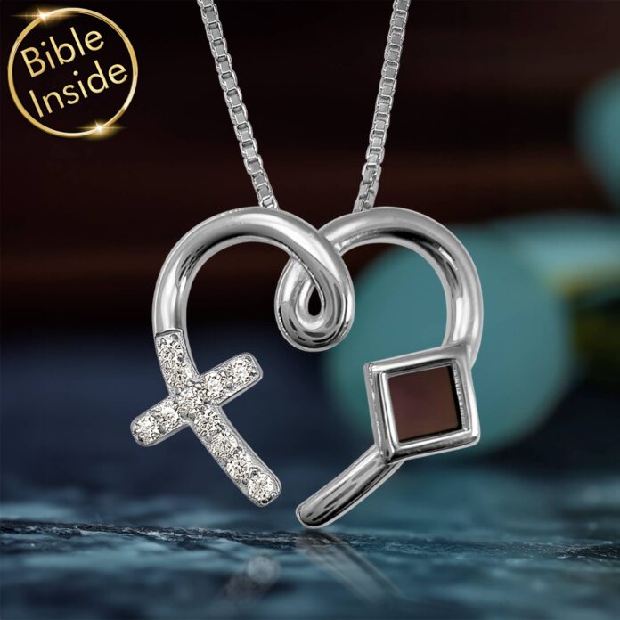Gifts for Wife at Christmas Heart Cross Pendant With New Testament Bible Inside by My Nano Jewelry